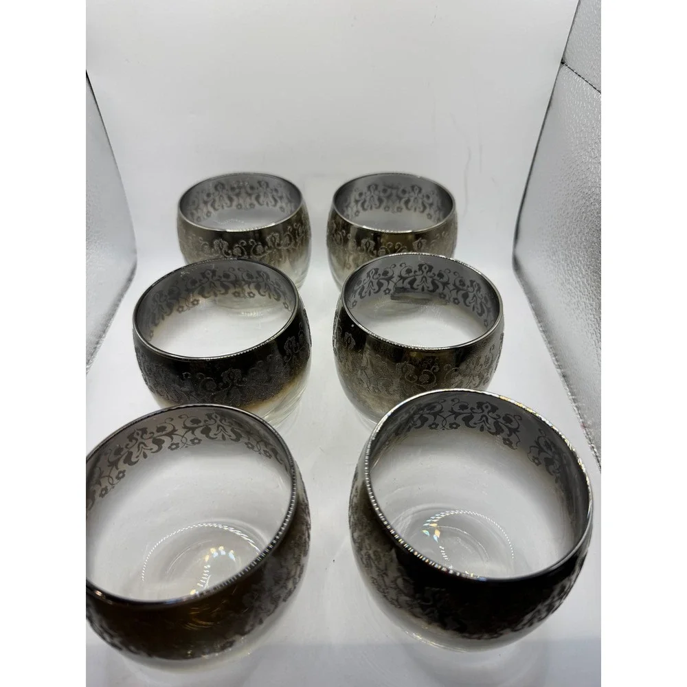 Vintage Silver Ombre Damask Filigree Lowball Whiskey Glasses Set of 6 MCM Style